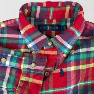 Ralph Lauren Plaid Flannel Shirt Mens L Red Green Tartan Button Down Long Sleeve